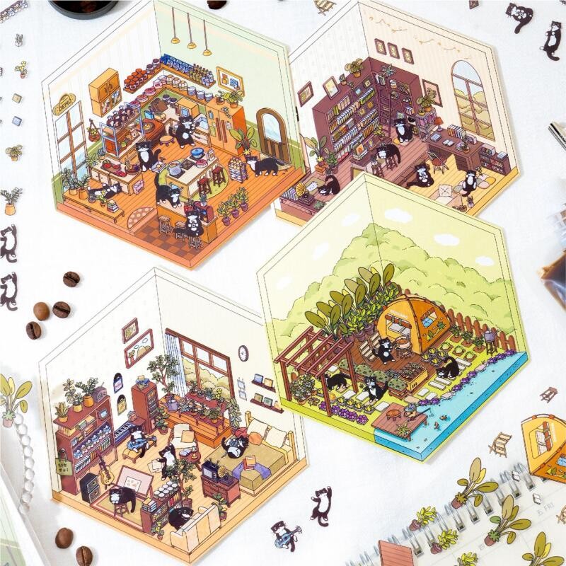 Kowei 3 ชิ้น [ซีรีส์บ้านอบอุ่น] สติ๊กเกอร์ Deco วินเทจกระดาษสติกเกอร์สัตว์เลี้ยงสมุดวัสดุสมุดภาพชุด
