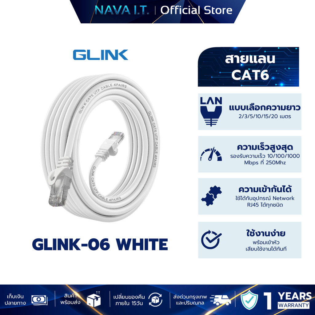 GLINK LAN CABLE GLINK-06 สีขาว CAT6 สายแลน ความยาว 1/2/3/5/10/15/20 เมตร