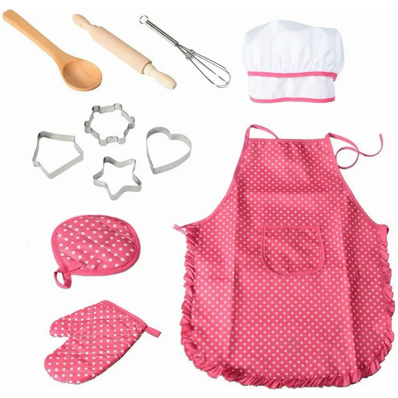 Apron for Little Girls Kids Cooking Baking Set Chef Hat Mitt & Utensil for Toddler Play House Toys C