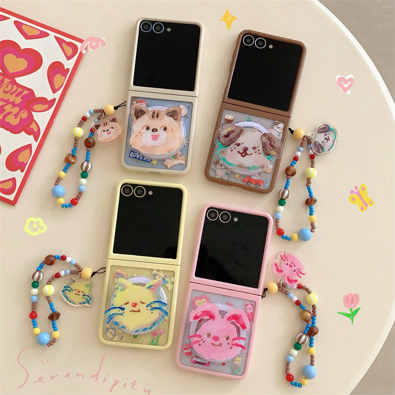การ์ตูนแมวกระต่ายวงเล็บแม่เหล็กสร้อยข้อมือเคสโทรศัพท์สําหรับ Samsung Galaxy Z Flip 5 6 Z Flip6 ZFlip 6 ZFlip6 2 in 1 กันกระแทก