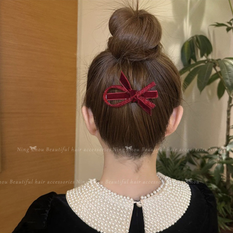 ปีใหม่กิ๊บโบว์กํามะหยี่สีแดงเครื่องประดับผมสําหรับผู้หญิง - รูปที่ 6