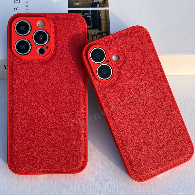 สีแดง PU หนัง Slim สําหรับ iPhone 16 16Pro 16Plus 16Promax 15 15Pro 15plus 15Promax 14 14Pro 14Promax 13Pro 13Promax 13mini 17 12Promax 11 11Pro X 8P Xr Xsmax 12Pro
