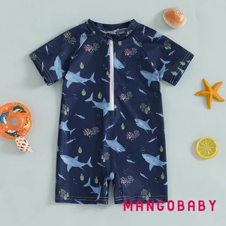 (จัดส่งในกรุงเทพฯ)- ชุดว่ายน้ําเด็กผู้หญิง Shark พิมพ์แขนสั้น Mock คอ Zip Up Rash Guard ชุดว่ายน้ํา