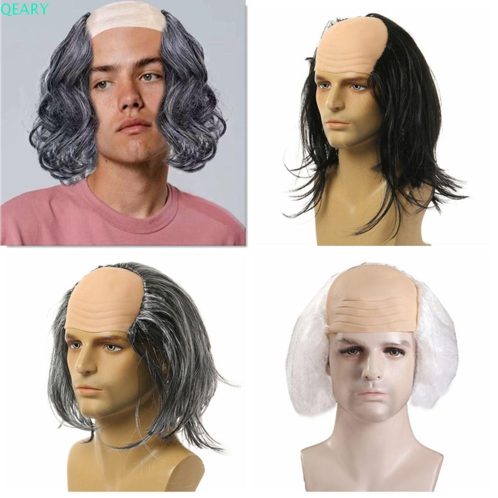 Qeary Old Man Bald วิกผม, Curly False ตลกวิกผมหัวล้าน, วันเอพริลฟูลอุปกรณ์ประกอบฉากนุ่มปุยฮาโลวีนหัวล้านวิกผม Masquerade แสดง