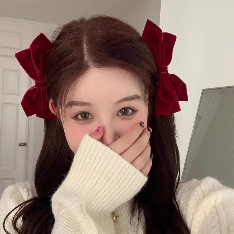 กิ๊บติดผมโบว์กํามะหยี่สีแดงอารมณ์กิ๊บติดผมเจ้าหญิงแฟชั่นเครื่องประดับผม