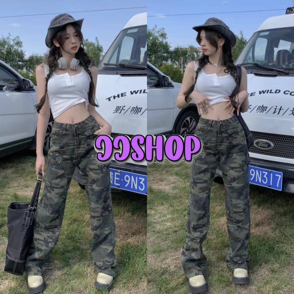 JJ Shop​💜​พร้อมส่ง กางเกงเอวสูง ทรงกระบอก น่ารักมากๆ ขายาว ลายพรางทหารสีเขียว "11037-NZ"