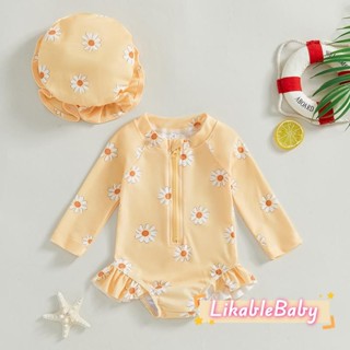 ชุดว่ายน้ำเด็กสาวแขนยาว พิมพ์ลายดอกไม้ มีซอกบิกินี่และหมวก