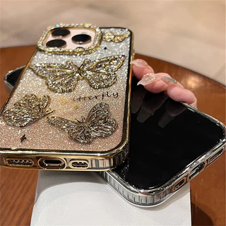 เคสโทรศัพท์ผีเสื้อแวววาวสําหรับ iPhone 16 Pro Max หรูหรา Bling เพชรปลอกชุบโปร่งใสสําหรับ iPhone 13 11 12 14 15 Pro Max Plus ปกอ่อน