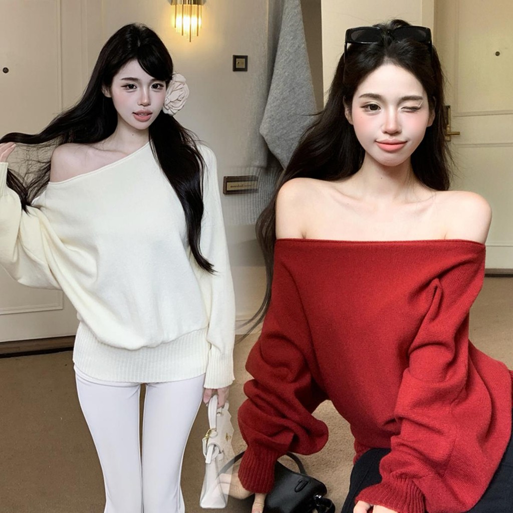 mimi&didi#เสื้อปาดไหล่ไหมพรมแขนยาว สเวตเตอร์คริสต์มาส สีแดง แฟชั่น สไตล์เกาหลีสไตล์เรียบง่ายและอ่อนโยน ครอปเซ็กซี่#h052