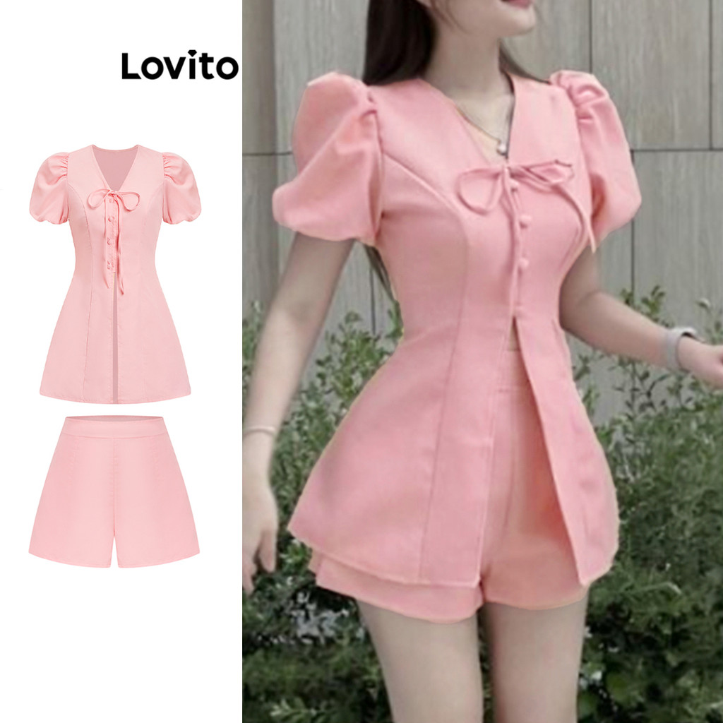 Lovito ชุดกางเกงขาสั้นผูกเชือกแบบลำลองสำหรับผู้หญิง L108ED912