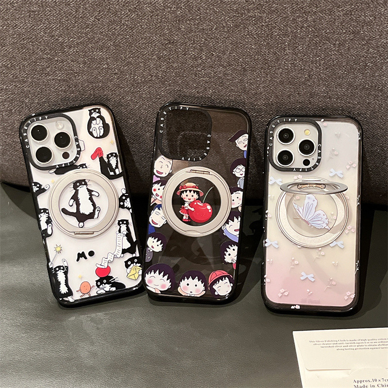 Casetifg Black Cat butterfly 360° การหมุนยืนชาร์จแม่เหล็กเคสโทรศัพท์พร้อมกล่องสําหรับ ไอโฟน 16 14 15 มือโปร ขอบสูงสุด ทีพียู ซิลิโคนกันกระแทกปลอกล้างฮาร์ดพีซีปกหลัง