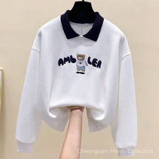 Local shipping ฤดูใบไม้ร่วงใหม่ผู้หญิงเสื้อโปโลคอปก,หมีพิมพ์หลวมLapel Casual Age-Reduction Top