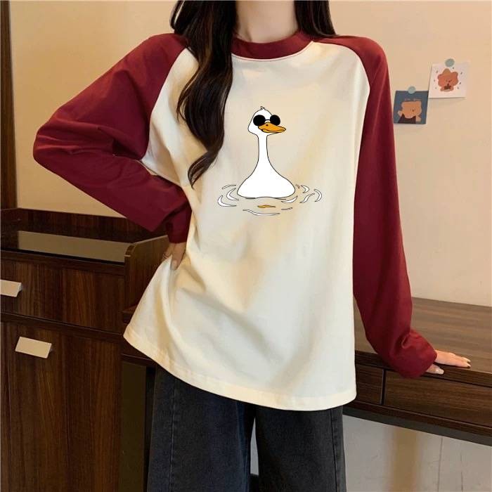 🐥MKL🐥 เสื้อยืดแขนยาว คอกลม ทรงหลวมขนาดใหญ่ สีพื้น พิมพ์ลายการ์ตูนเป็ด น่ารัก แฟชั่นฤดูใบไม้ผลิและฤดูใบไม้ร่วง #B005
