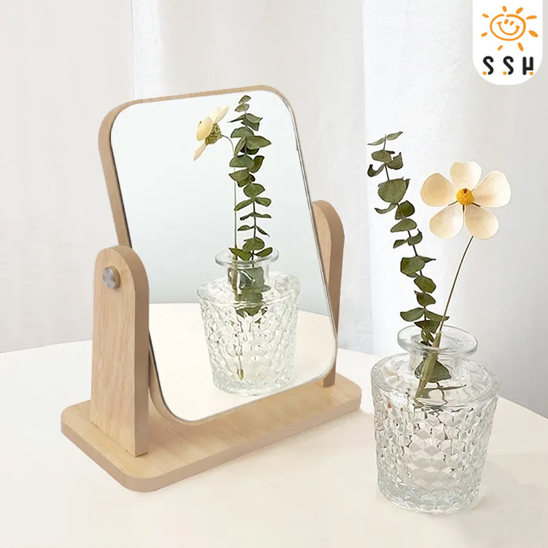 สไตล์เรียบง่าย กระจกตั้งโต๊ะ กระจกแต่งหน้า ไม้ บนโต๊ะ แต่งหน้า กระจกเงา หมุนได้ กระจกแต่งหน้า