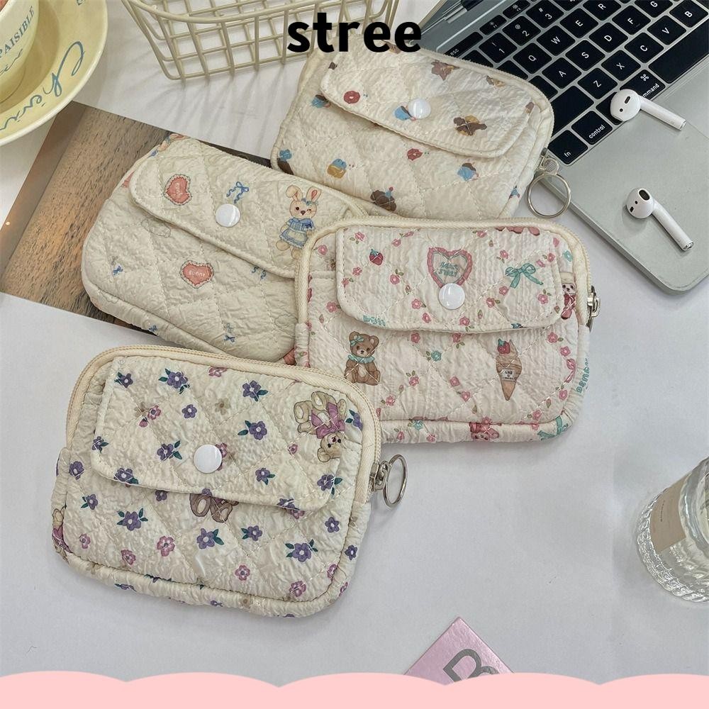 กระเป๋าใส่เหรียญกุญแจ STREE, ที่ใส่ ID Quilted กระเป๋าใส่เหรียญมัลติฟังก์ชั่น, กระเป๋าใส่การ์ดการ์ตูนลายดอกไม้แบบพกพา