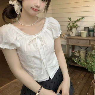 ข ผู้หญิงลูกไม้ลูกไม้แขนฟองด้านบนแขนสั้นคอกลมสั้น