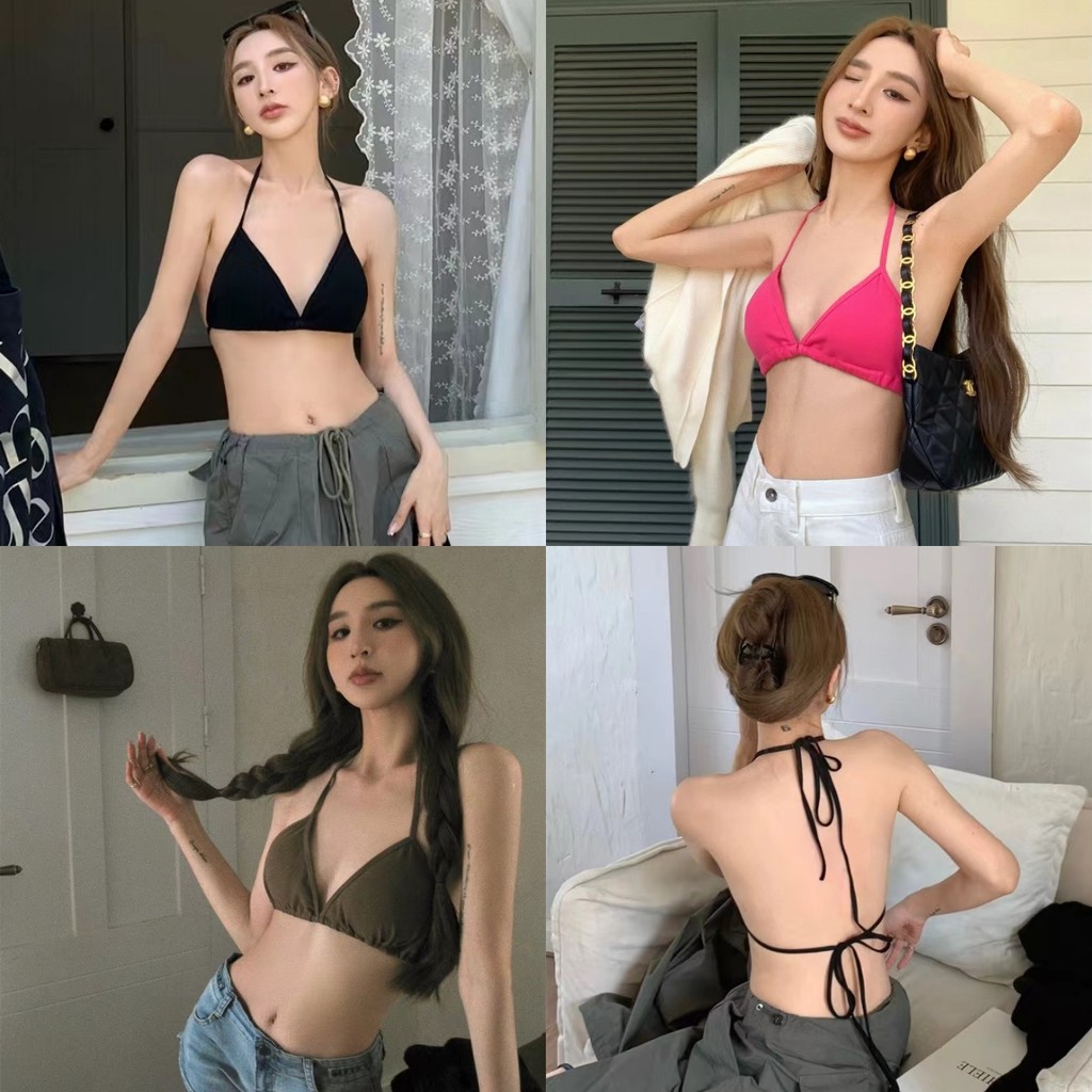 🥥Evelyn🥥เสื้อบิกินี่ สายเดี่ยว มีฟองน้ำในตัว ผ้าคาตตอน เซ็กซี่  หลากสี ว่ายน้ำ ใส่ไปทะเล
