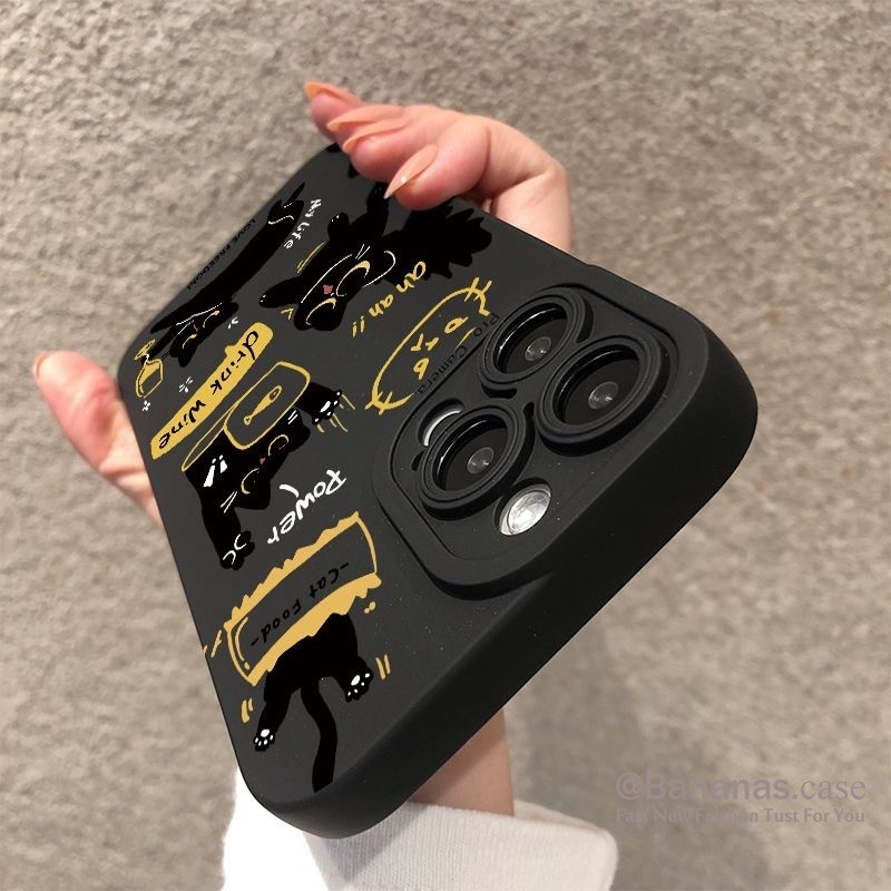 Iphone 16 15 14 13 12 11 Pro Max X Xr Xs Max 7 8 Plus SE2020 เคสโทรศัพท์น่ารัก Happy Black Cat คู่ฝาครอบโทรศัพท์นุ่ม
