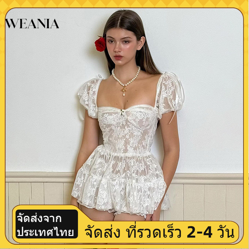 (สต็อกท้องถิ่น) Weania ชุดเดรสแขนสั้น คอสี่เหลี่ยม แต่งลูกไม้ สไตล์หวานแหวว สําหรับผู้หญิง