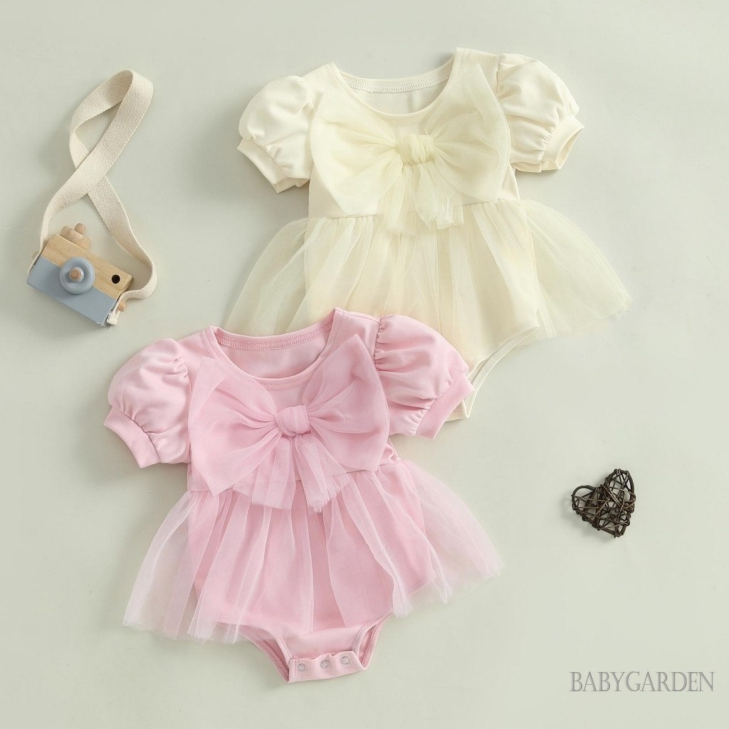 //-น่ารักเด็กสาวแขนสั้นTulle Hem Bow Decor Romper