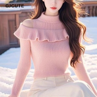 Gjcute เกาหลีครึ่งคอเต่า Ruffle Off-ไหล่แขนยาว Slim ถักเสื้อ…