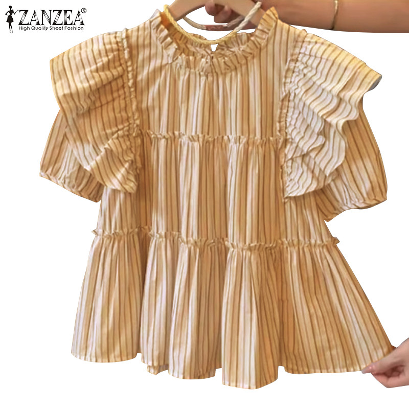 ZANZEA ผู้หญิงวันหยุดหลวมคอลูกเรือแขนสั้น Ruffles Stripes เสื้อ