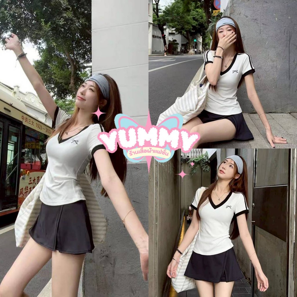 🎀Yummy Shop🎀พร้อมส่ง (Y6821) เสื้อยืดไหมพรม คอวี แขนสั้น เรียบๆ สไตล์เกาหลีใส่สบาย