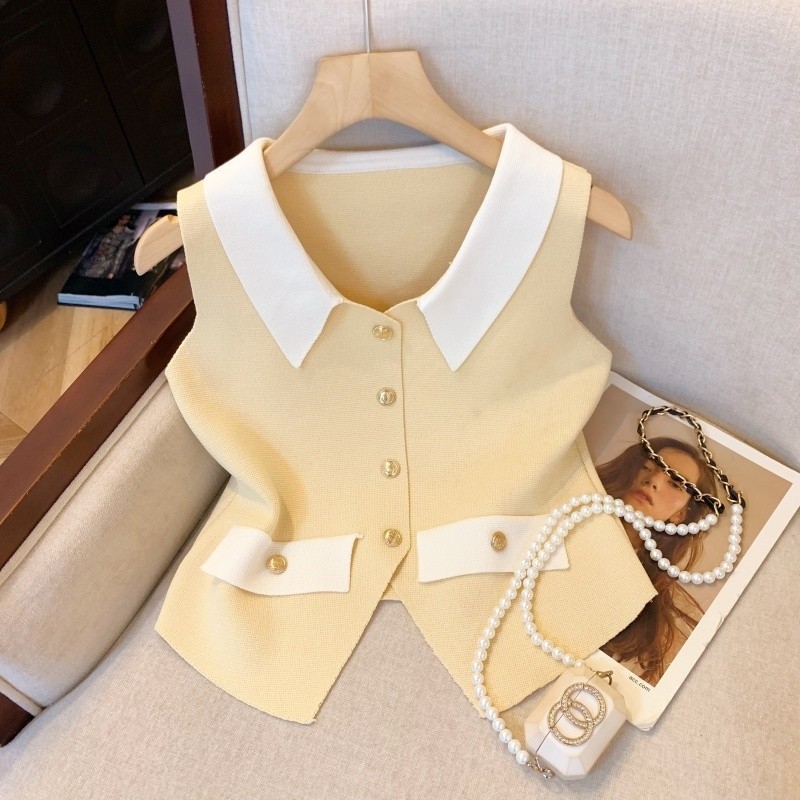 COCO-เสื้อสุภาพสตรี สี Splicing รุ่นบาง คอวี ประเภทกระบอกตรง ความเรียบง่าย อารมณ์ สุภาพสตรี แฟชั่นฤดูร้อน แผนกฮัน - รูปที่ 7