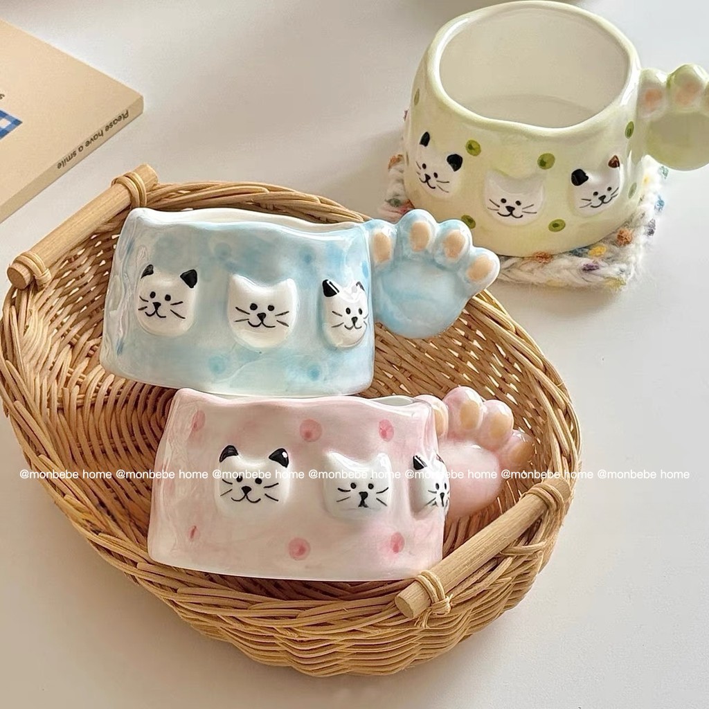 แก้วนม แก้วกาแฟ แก้วเซรามิก3dแมวน่ารัก แก้วเซรามิคทำมือ ของขวัญวันเกิด พร้อมส่ง