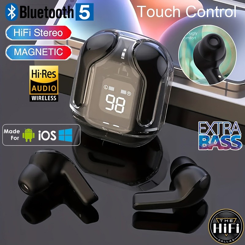 ชุดหูฟังบลูทูธไร้สายBluetooth 5.3 มาพร้อมหหน้าจอ ดิจตอล บลูทูธเบสหนัก รุ่นใหม่ TWS สีโปร่งใส ลดเสียงรบกวน หูฟังแบบสัมผัส