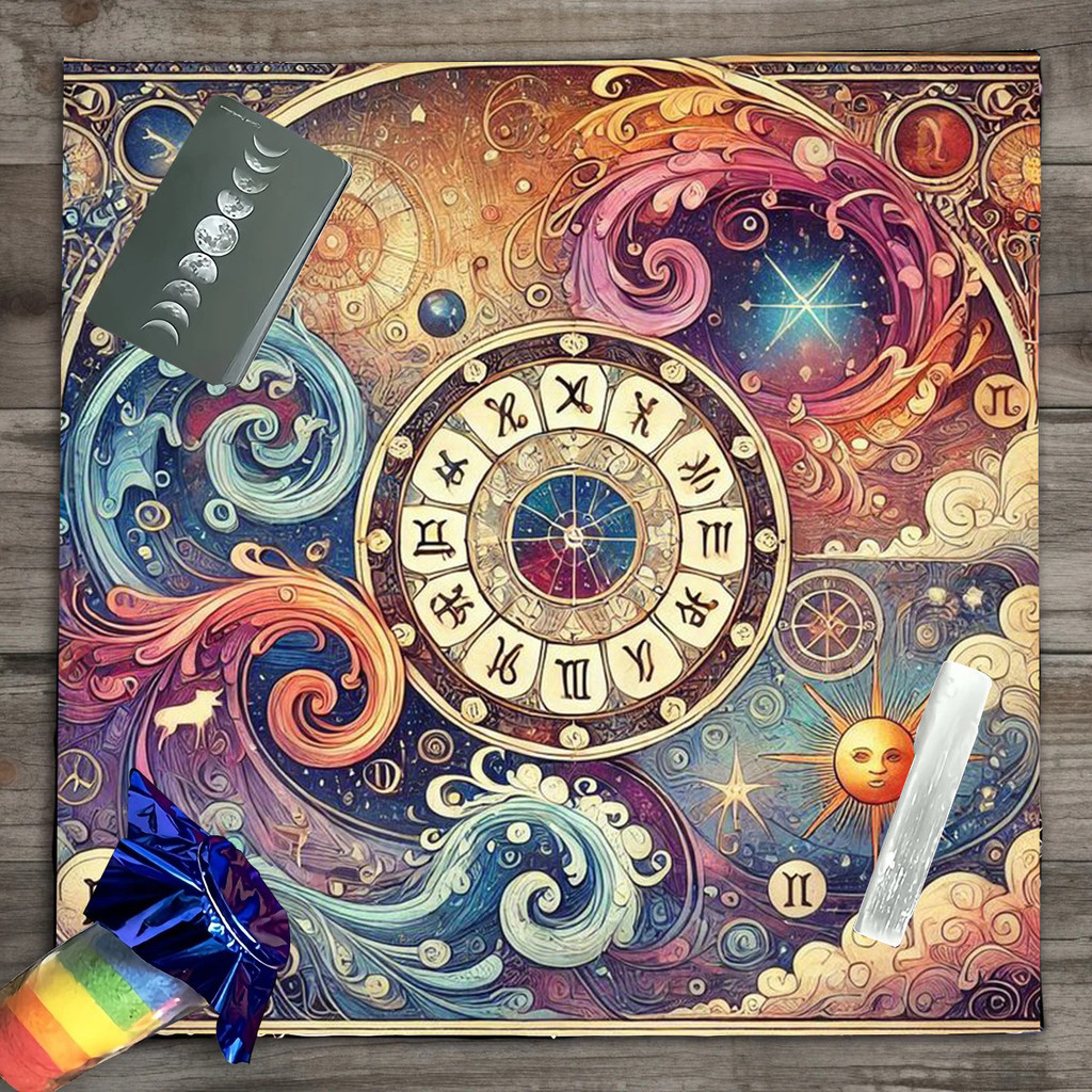 ผ้าแท่นบูชาไพ่ทาโรต์โหราศาสตร์สีสันสดใส: การเดินทางลึกลับผ่านดวงดาว