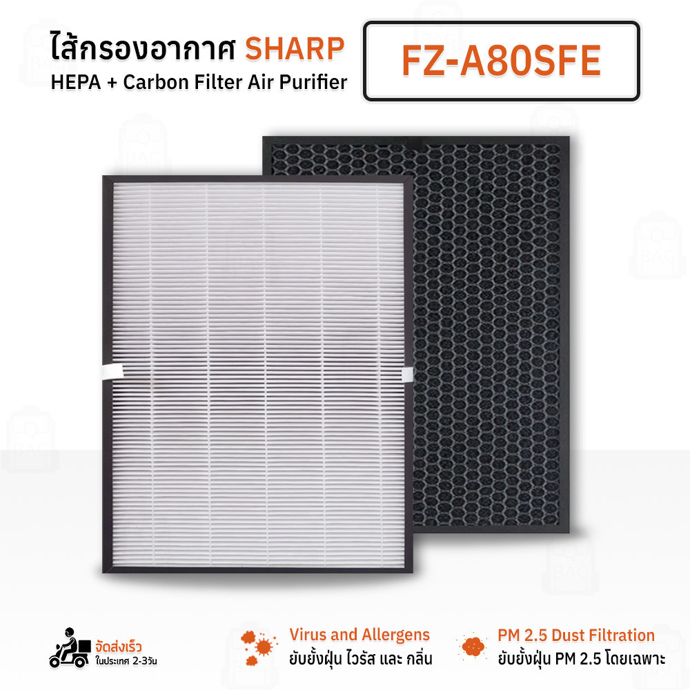 Qbag - ไส้กรอง เครื่องฟอก อากาศ Sharp FZ-A80SFE / FU-A80TA / FU-A80TA-W / N Filter Hepa Carbon แผ่นก