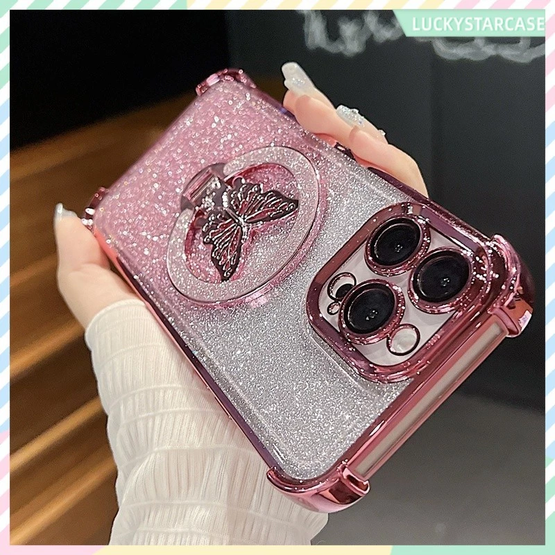 เคสโทรศัพท์ ผีเสื้อส่องแสง เคส พร้อมขาตั้งแม่เหล็ก For iphone 16 15 14 11 13 12 7 8 plus Pro max Pro XR XS เคสไอโฟนสวยๆ