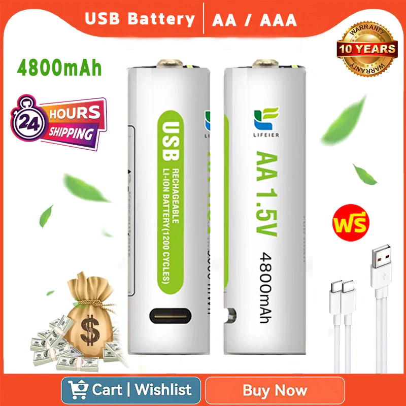 ถ่านชาร์จ USB AA/AAA 1.5V ความจุ 4800mAh แบตเตอรี่ลิเธียม 2 ก้อน แถมสายชาร์จฟรี | ของแท้100% ใช้งานได้ยาว แบตเตอรี่