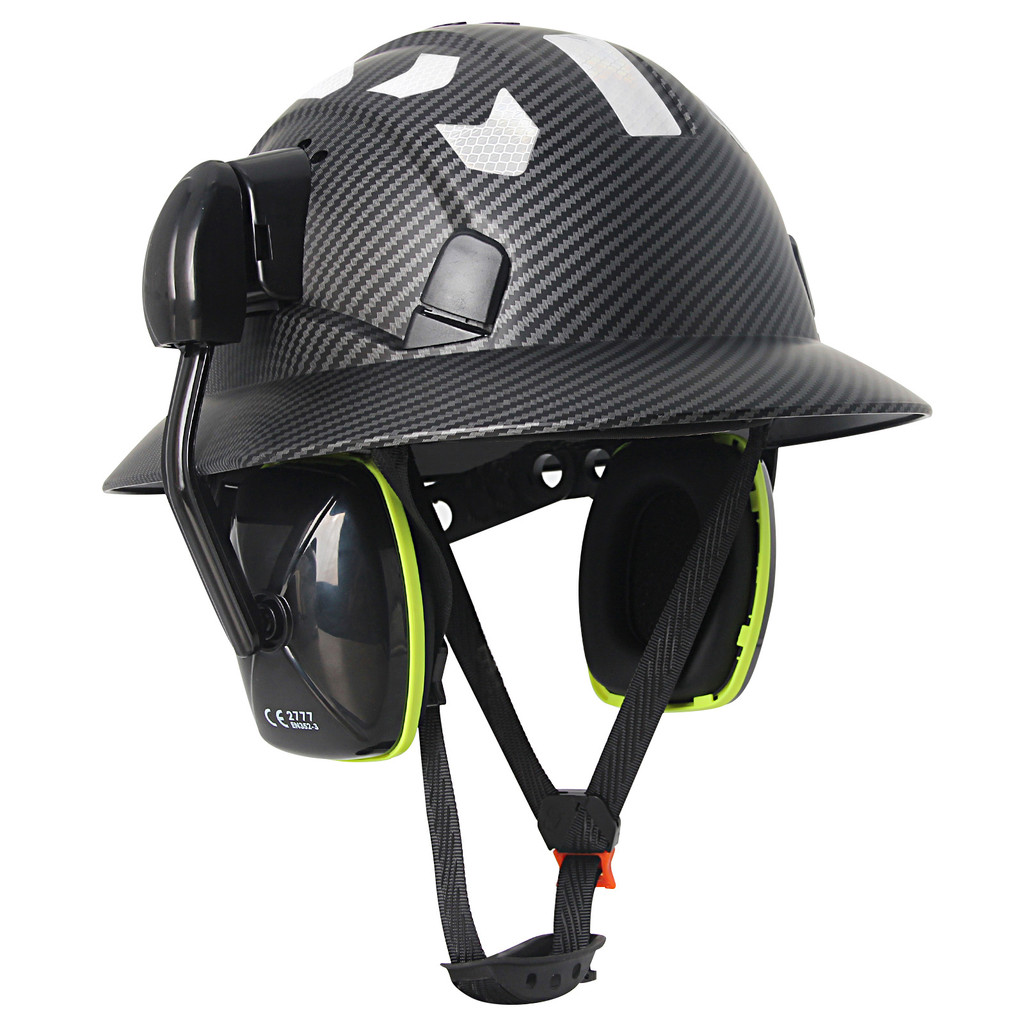 AOLAMEGS ANSI คาร์บอนไฟเบอร์ Full Brim หมวกนิรภัย CE ที่ปิดหูกันหนาวสติกเกอร์สะท้อนแสงหมวกก่อสร้าง