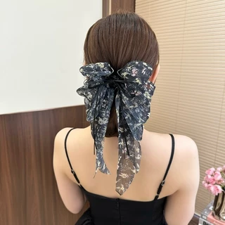 สีดําหลายชั้น Organza Bow Hair Clamp ผู้หญิงs Retro ดอกไม้ผมหางม้าคลิปผมอุปกรณ์เสริมผม