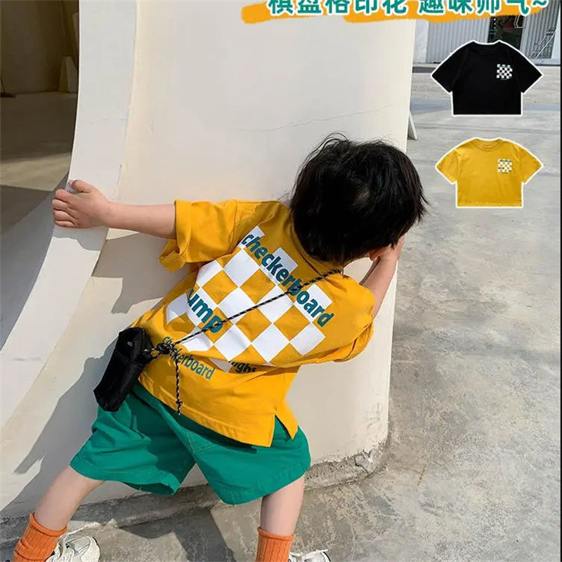 ผ้าฝ้าย 100% อินเทรนด์ Cool Boy Top เวอร์ชั่นเกาหลี Harajuku สไตล์ ins เสื้อยืดแขนสั้นเสื้อผ้าเด็กฤดูร้อนสไตล์ใหม่ Checkerboard Top เสื้อผ้า