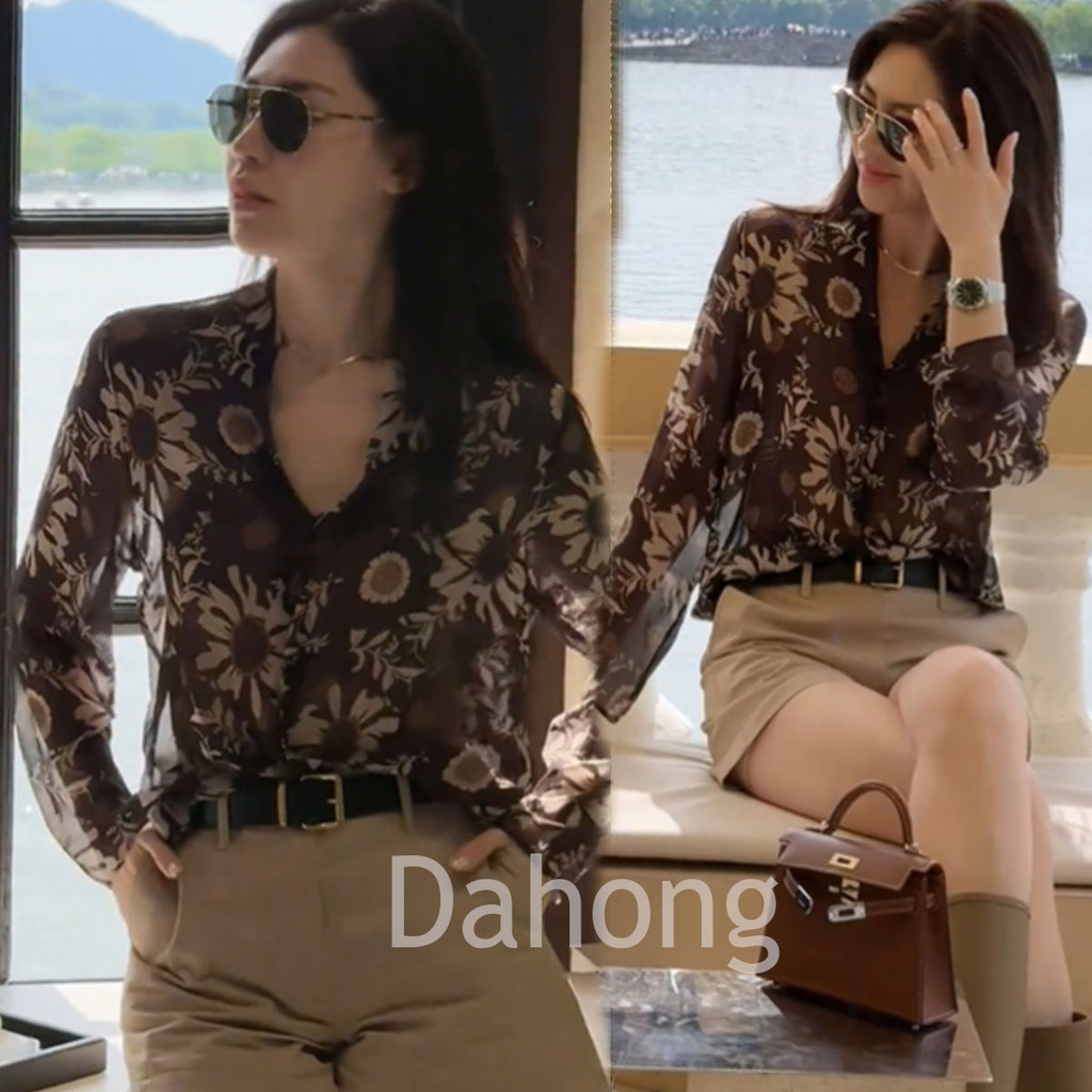 Dahong S-XL เสื้อเชิ้ตแขนยาว ผ้าชีฟอง พิมพ์ลายดอกไม้ สไตล์ฝรั่งเศส แฟชั่นฤดูร้อน สําหรับผู้หญิง w583