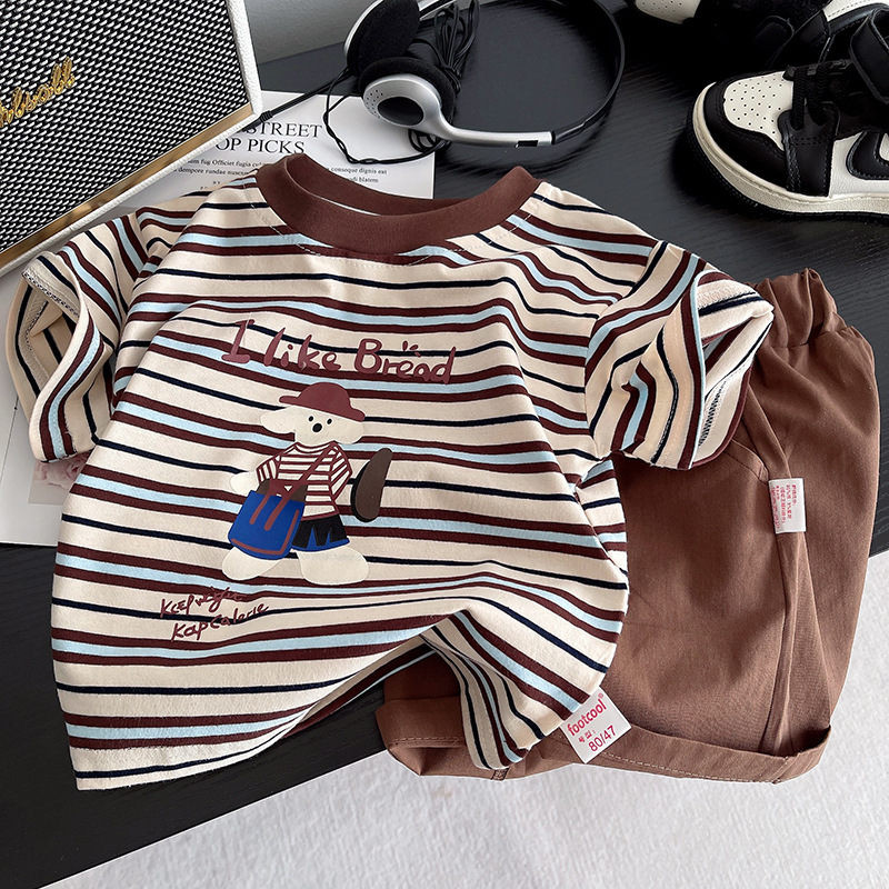 เสื้อผ้าเด็กฤดูร้อนเด็กสาวแถบPrineหมีTเสื้อกางเกงขาสั้น2ชิ้น/เซ็ตทารกเด็กวัยหัดเดินเสื้อผ้าทารกกีฬา1 2 3 4 5ปี