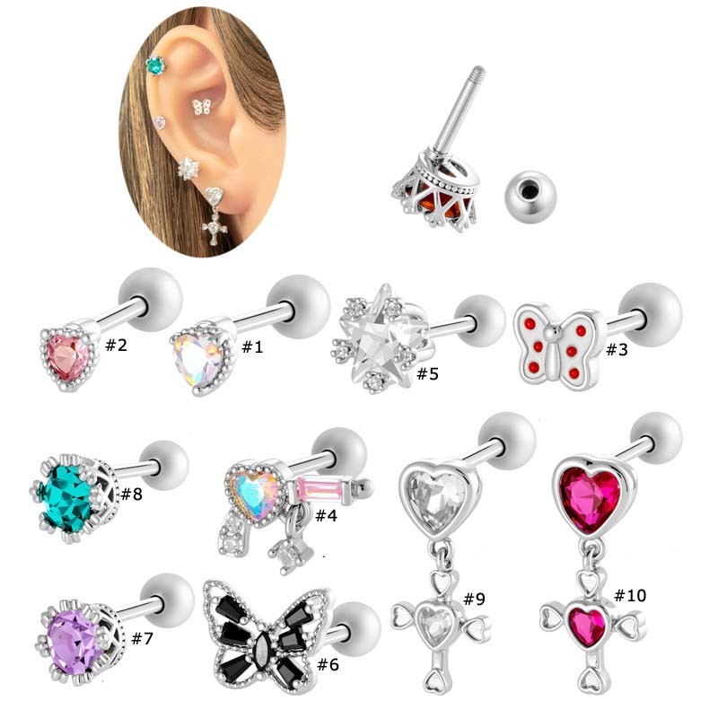 1 ชิ้นผีเสื้อ Star รูปหัวใจต่างหูกระดูกอ่อน Stud Helix Lobe Pinna เจาะ 16Gauge