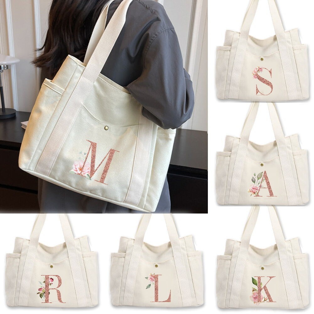 ภาพต้นฉบับ ถุงผ้าใบขนาดใหญ่ความจุสูง Ins Shopping bag กระเป๋าหลายกระเป๋า ดีไซน์สีทองชมพู