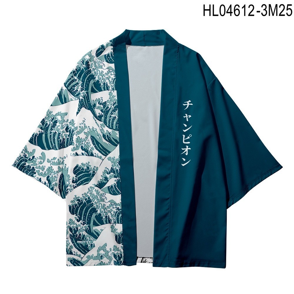 ชุดกิโมโนญี่ปุ่นลายคลื่นเทรนด์แฟชั่นเสื้อคลุมพิมพ์ลาย 3 มิติสําหรับผู้ชายและผู้หญิง