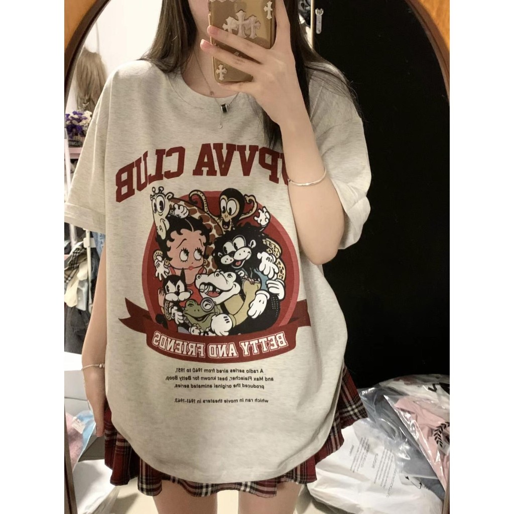 เกาหลี ผ้าฝ้าย100% เสื้อยืดแขนสั้น Oversize CMDXY7849 ผู้ชาย ผู้หญิง ลายทาง ตัวอักษร การ์ตูน หลวม ฤดูร้อน ฤดูใบไม้ผลิ