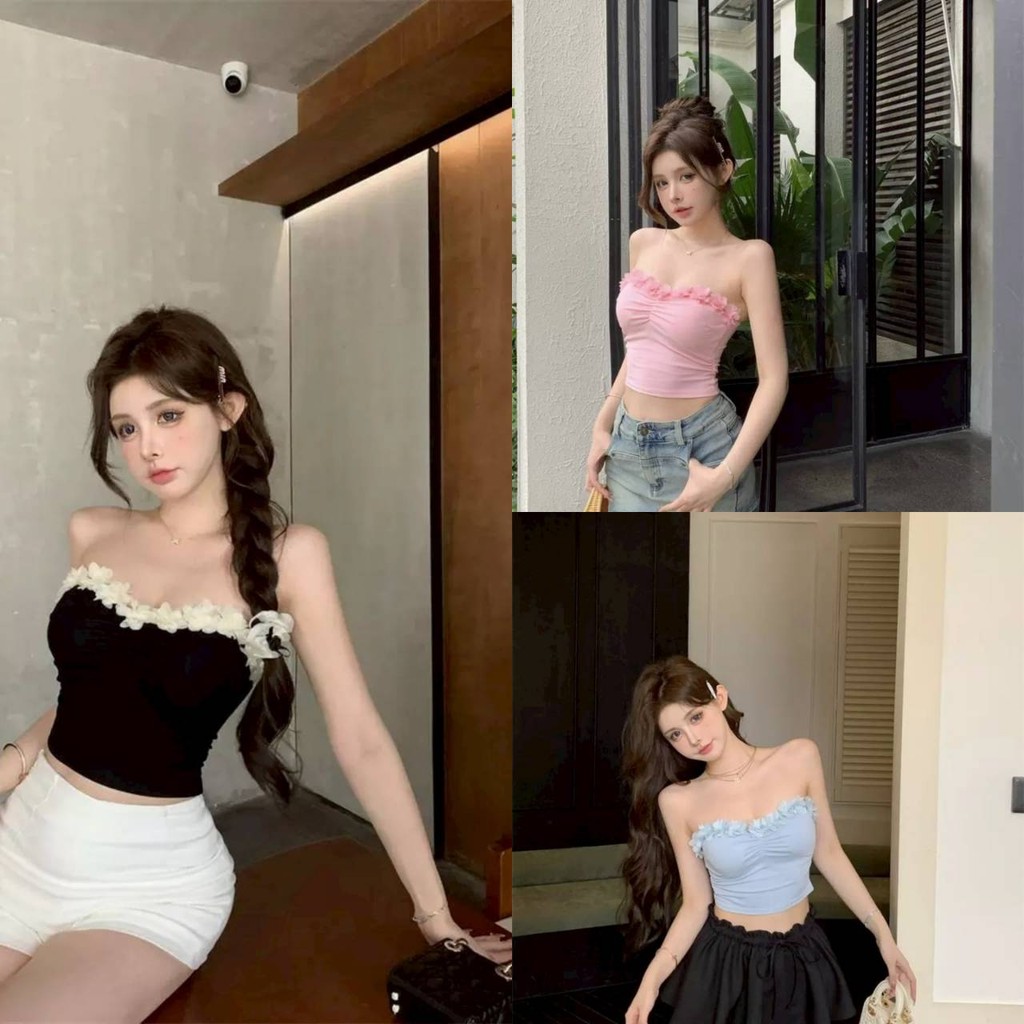 พร้อมส่งจากไทย (FY3055) เสื้อเกาะอก มีฟองน้ำในตัว แต่งขอบดอกไม้