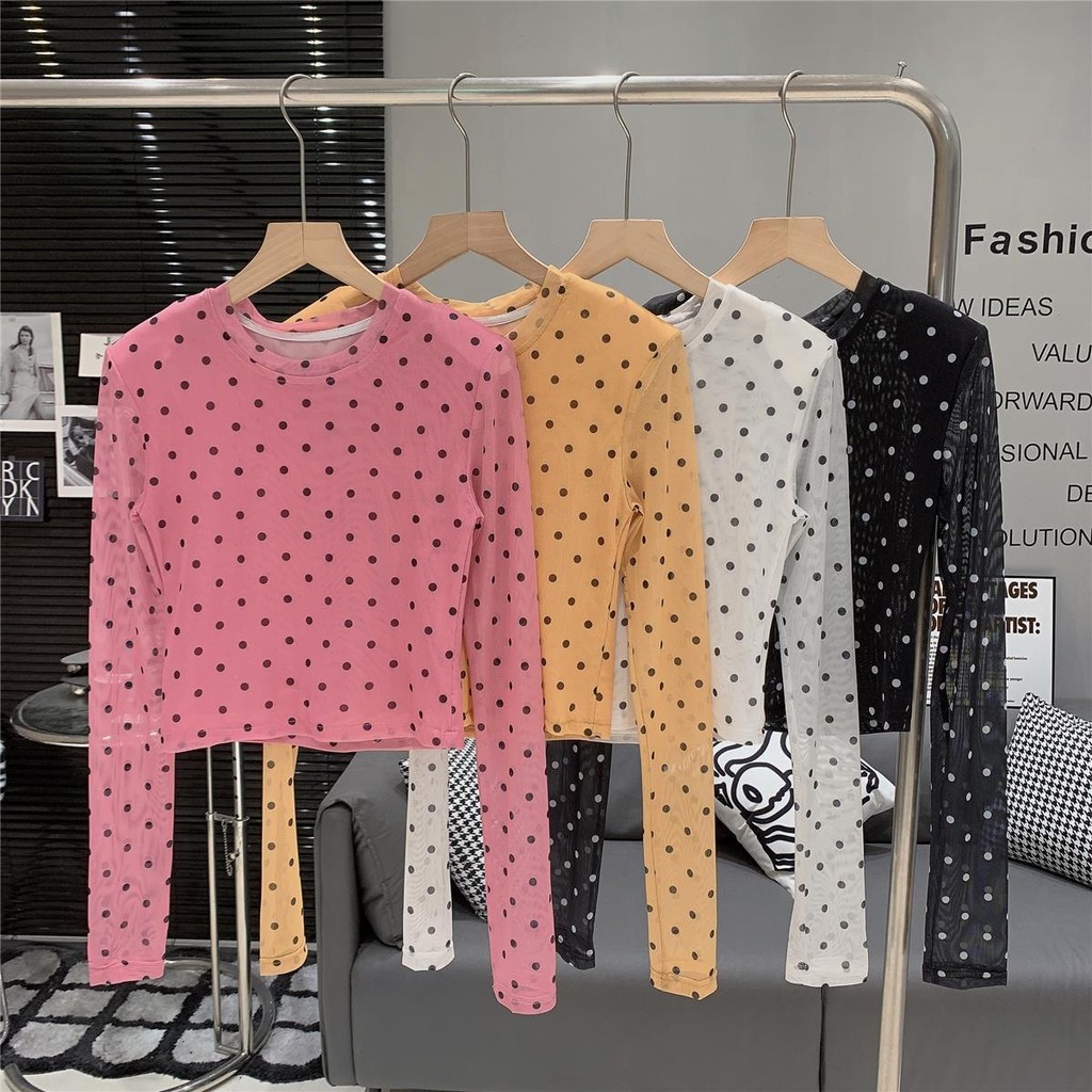 เสื้อลายจุด เสื้อ polka dot shirt เสื้อตาข่าย ที-เชิ้ตตาข่ายโปร่งใสกันแดดลายจุด ใหม่สำหรับฤดูร้อน แขนยาว