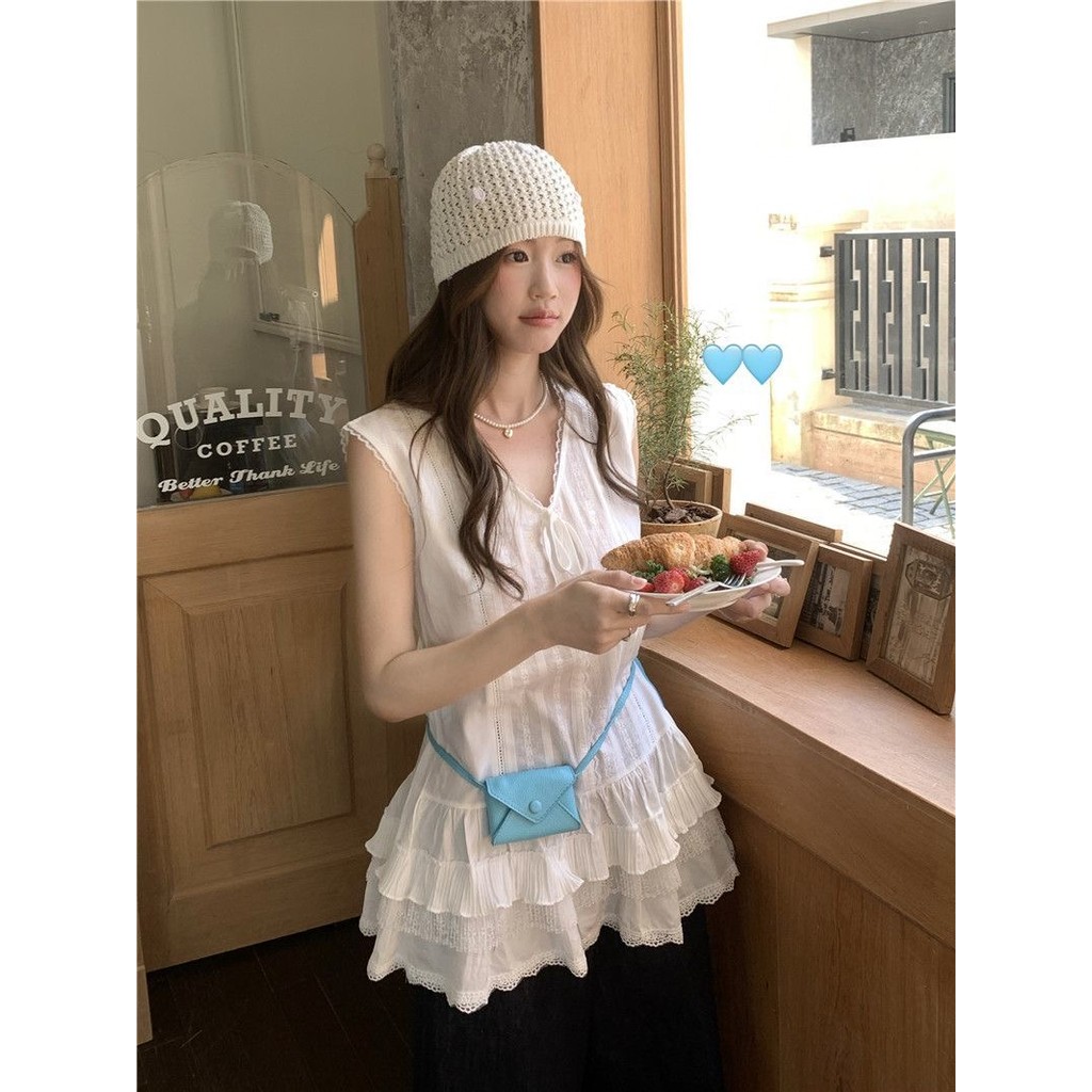 เสื้อกั๊กลูกไม้สีขาวสไตล์เกาหลีผู้หญิงหลวมด้านบน