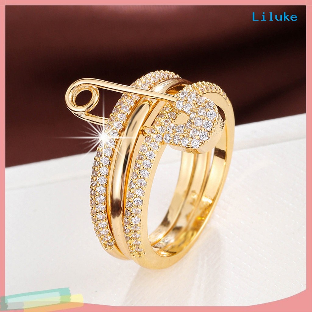 [LK] ผู้หญิงที่ถอดออกได้แหวน 3 ใน 1 ออกแบบ Pin Shape Rhinestone Decor ขัดโลหะผสม Layered แหวน Lady F