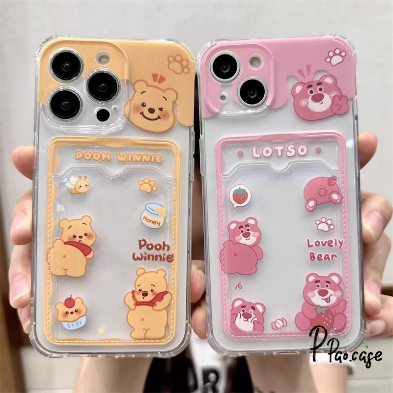 คู่รัก Lotso เข้ากันได้เคสไอโฟน 13 11 16 12 15 14 XR Pro Max X XS Max 7 8 16 15 Plus SE วินนี่หมีเชือกกระเป๋าสตางค์บัตร