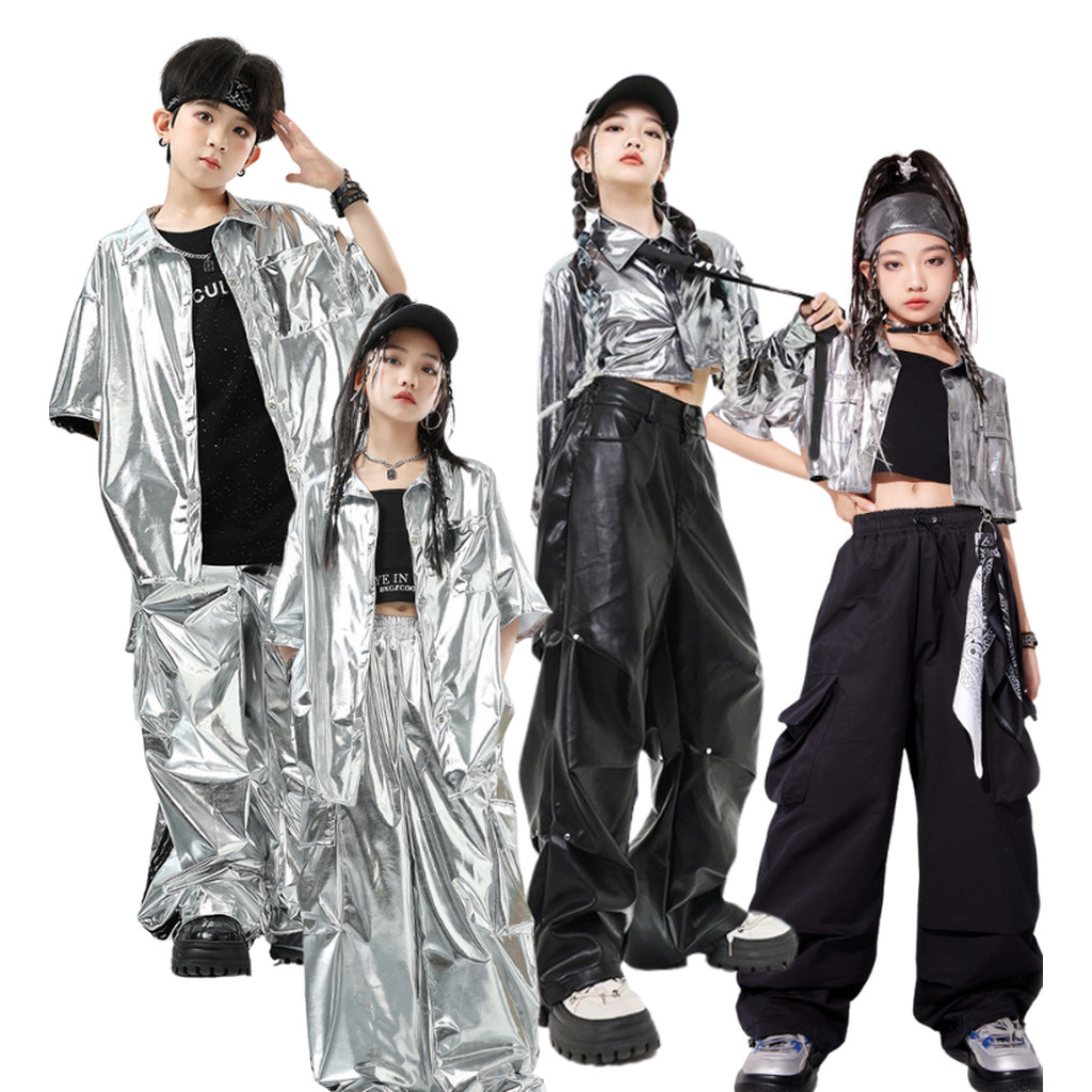 พร้อมส่ง ชุดเต้น Street dance เสื้อหนังเงิน+กางเกงขายาว