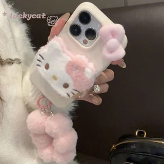 Iphone 16 15 14 13 12 11 Pro Max X Xr Xs Max เคสโทรศัพท์น่ารัก 3D DIY สีชมพูฤดูหนาวตุ๊กตาสีชมพูโบว์ KT Cat + Lanyard หนังนุ่มปกหลัง